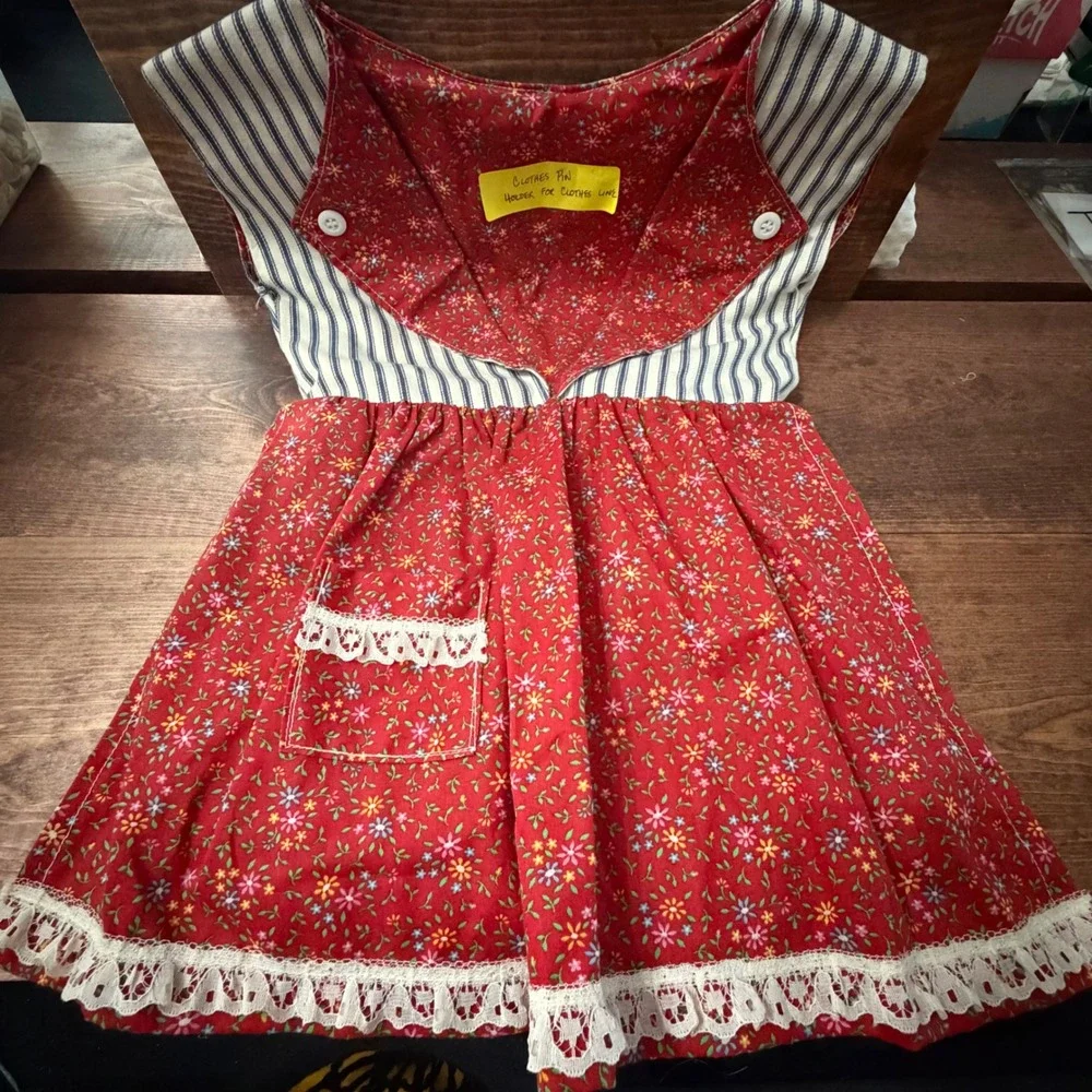 Handmade Vintage Style Clothespin Holder Apron Red Floral Ticking Stripe Lace